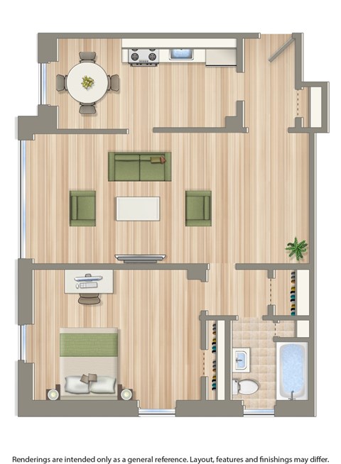 Floor plan for 1 bed, 1 bath, 734 sqft